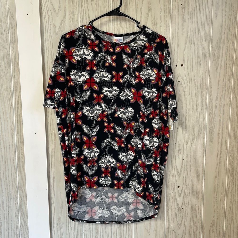 LuLaRoe Irma XXS NWTs shirt blouse. Black with white red pink flower print